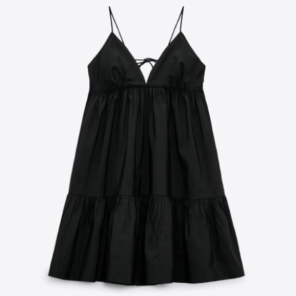 Zara Black Poplin Ruffle Tiered Tie Back Cut Out Cami Mini Babydoll Dress - Picture 8 of 12